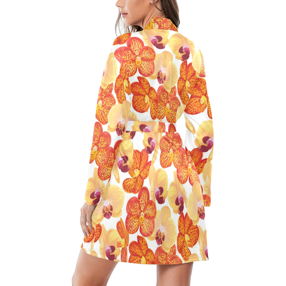 Orange yellow orchid flower pattern background Women's Long Sleeve Belted Night Robe