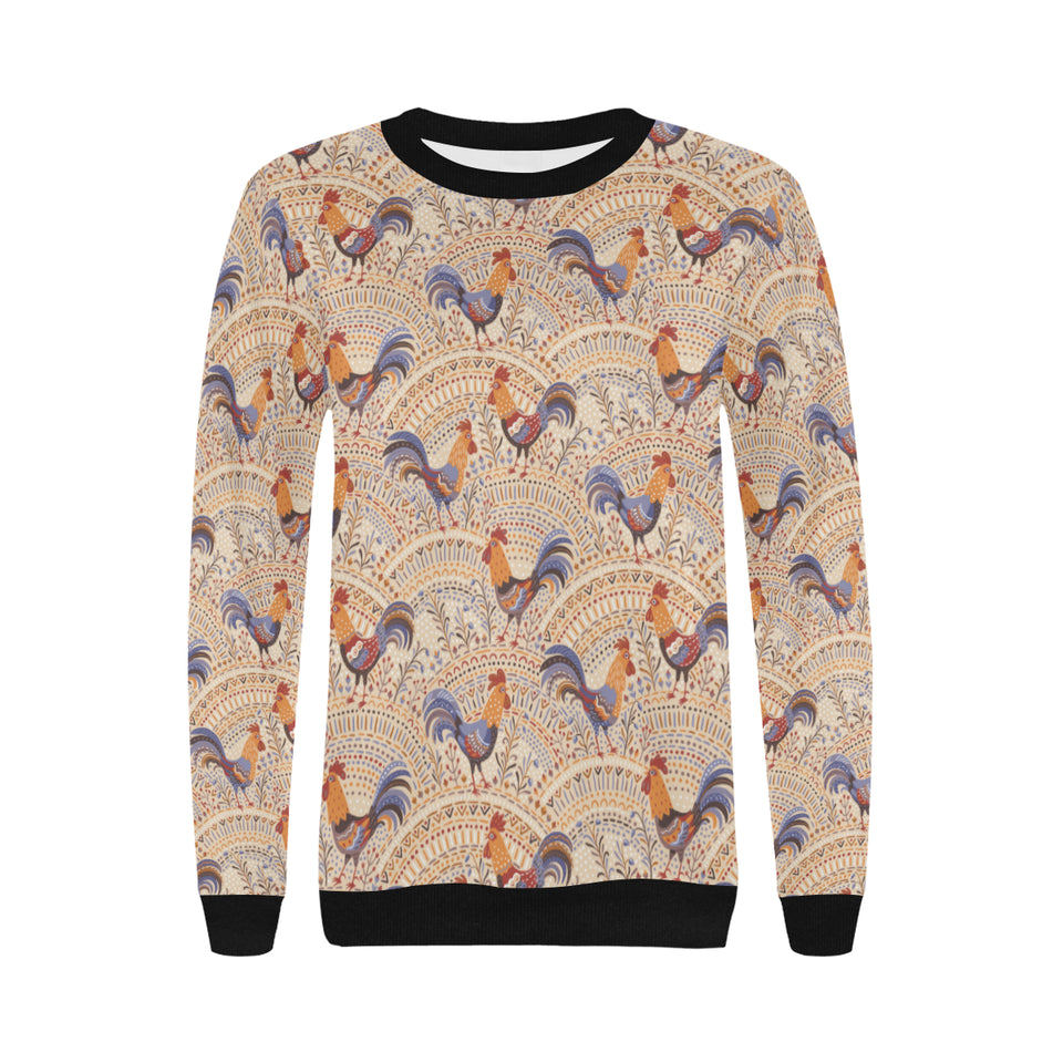 Cute rooster chicken cock floral ornament backgrou Women's Crew Neck Sweatshirt