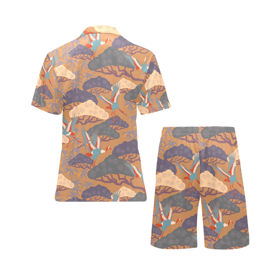 Bonsai bamboo stork japanese pattern brown theme Men's V-Neck Short Pajama Set
