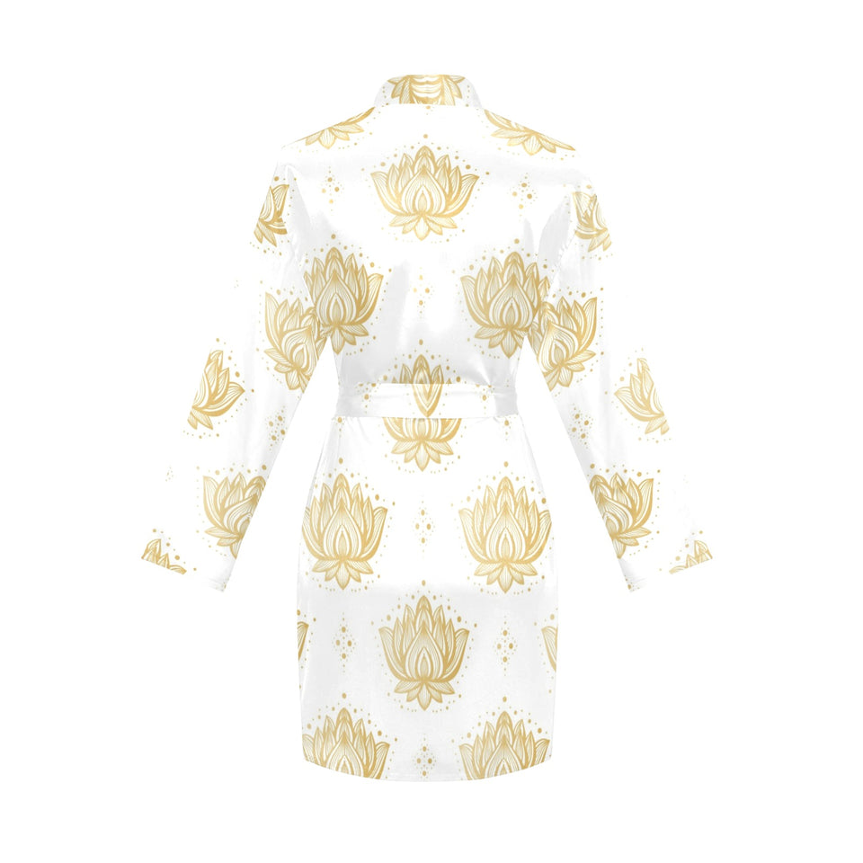 Gold Ornamental lotue waterlily symbol pattern Women's Long Sleeve Belted Night Robe