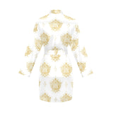 Gold Ornamental lotue waterlily symbol pattern Women's Long Sleeve Belted Night Robe