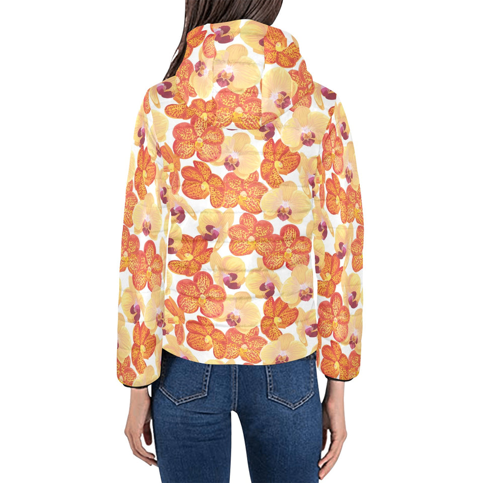 Orange yellow orchid flower pattern background Women's Padded Hooded Jacket