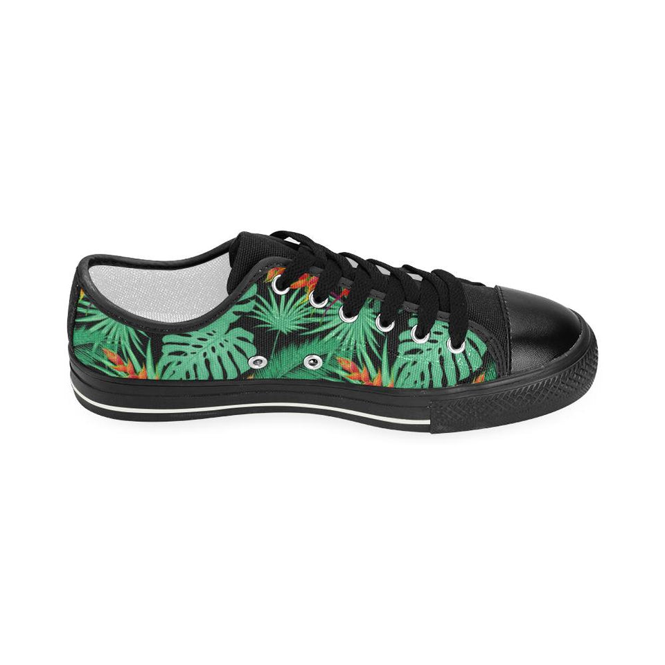 heliconia flower palm monstera leaves black backgr Kids' Boys' Girls' Low Top Canvas Shoes Black