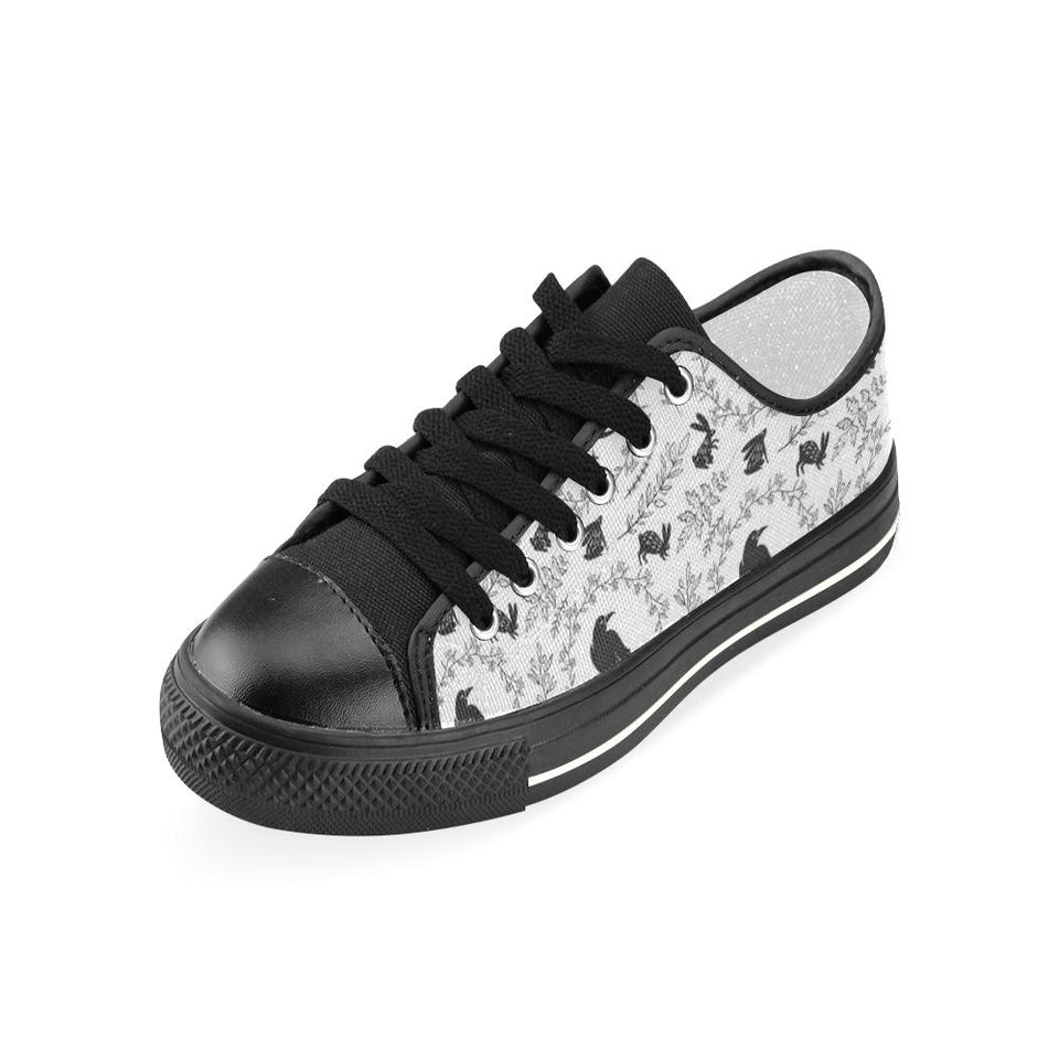 Crows floral wreath rabbit pattern Kids' Boys' Girls' Low Top Canvas Shoes Black
