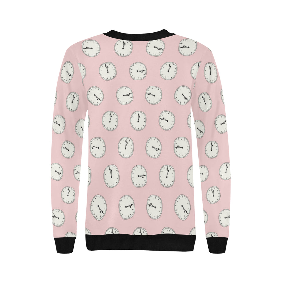 Clock pattern pink blackground Women's Crew Neck Sweatshirt