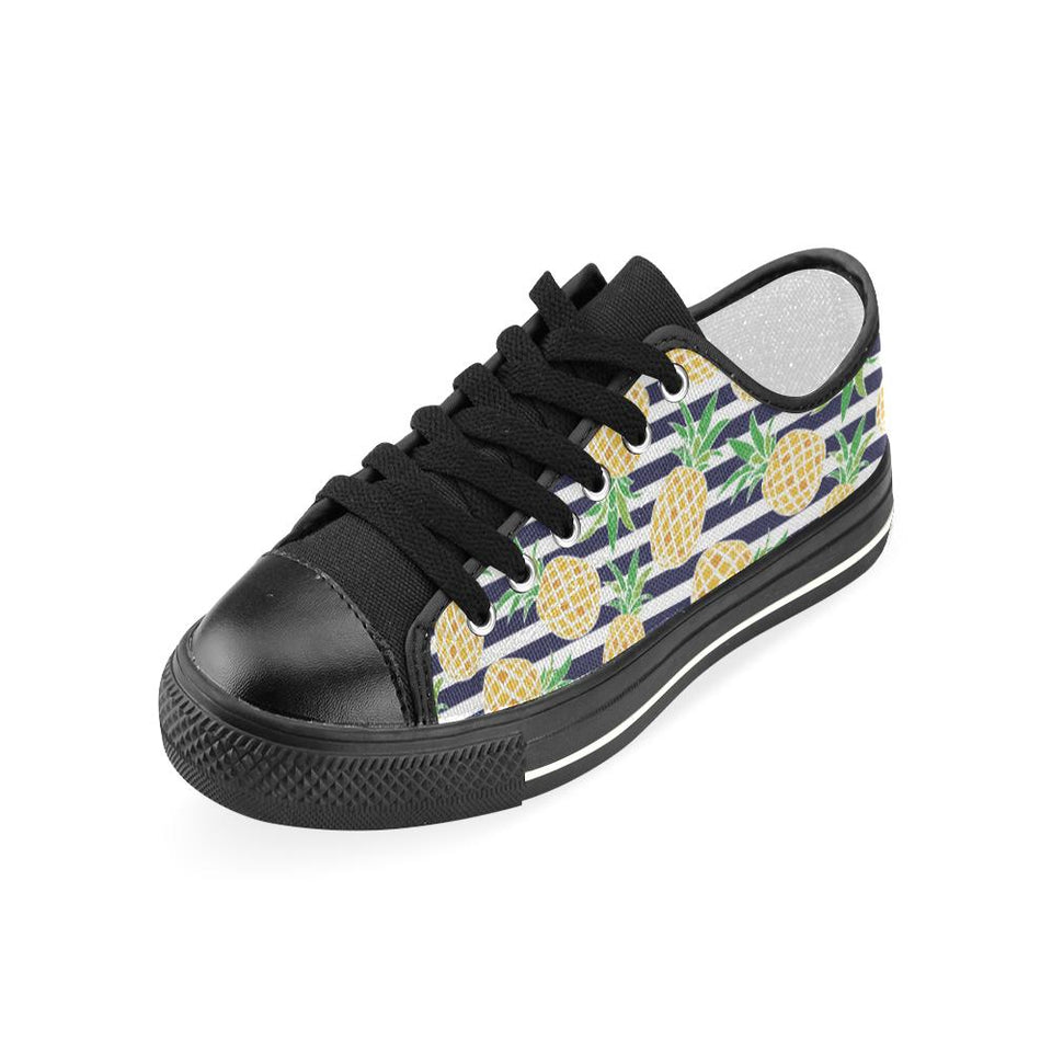 Pineapples pattern striped background Kids' Boys' Girls' Low Top Canvas Shoes Black
