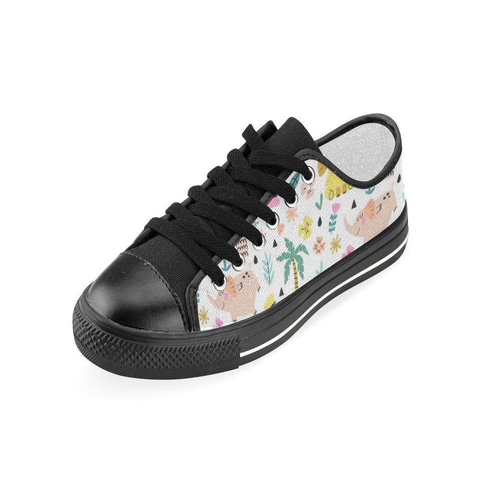 Cute elephants palm tree flower butterfly pattern Kids' Boys' Girls' Low Top Canvas Shoes Black