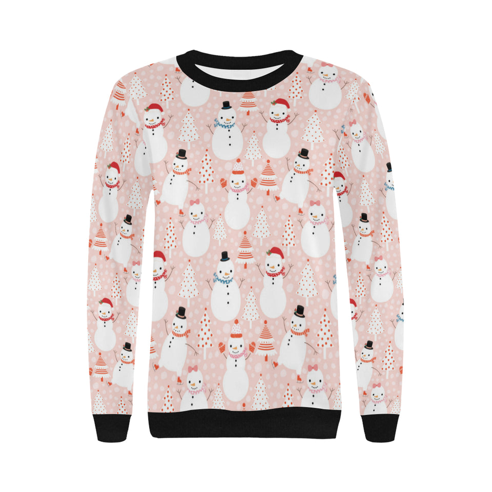 Cute snowman christmas tree snowpink background Women's Crew Neck Sweatshirt