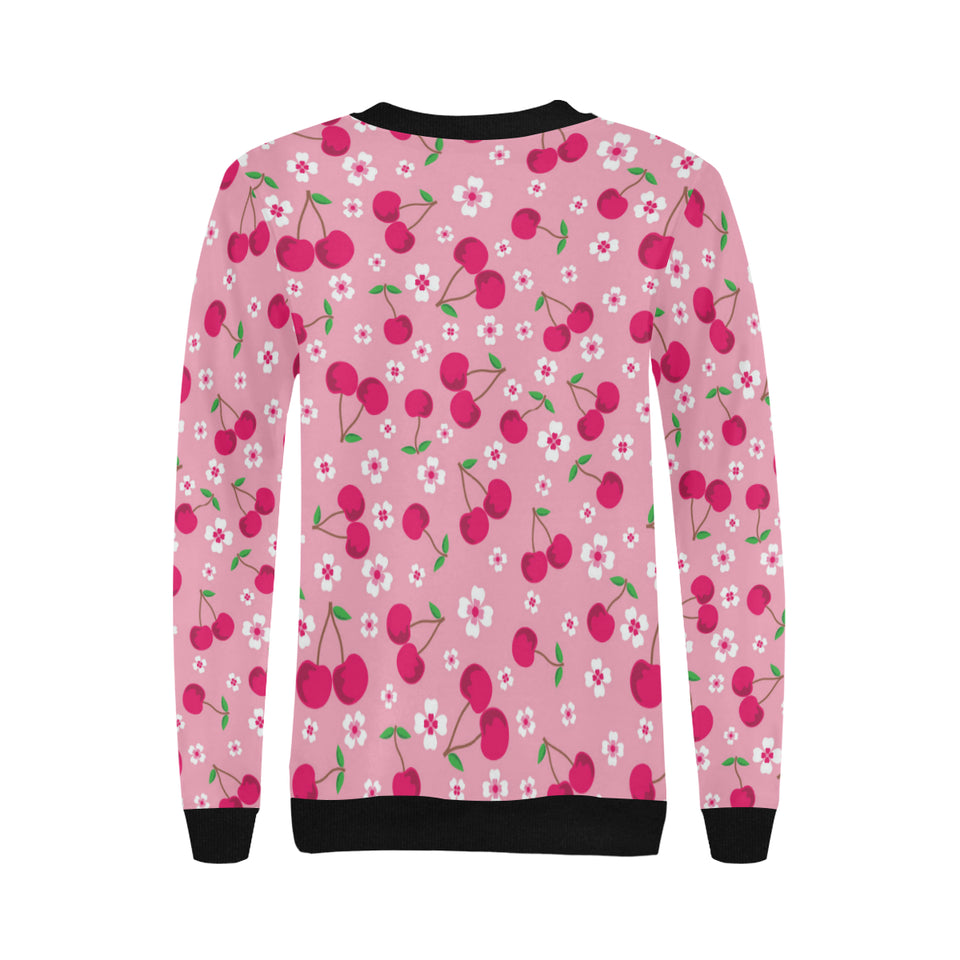 cherry flower pattern pink background Women's Crew Neck Sweatshirt