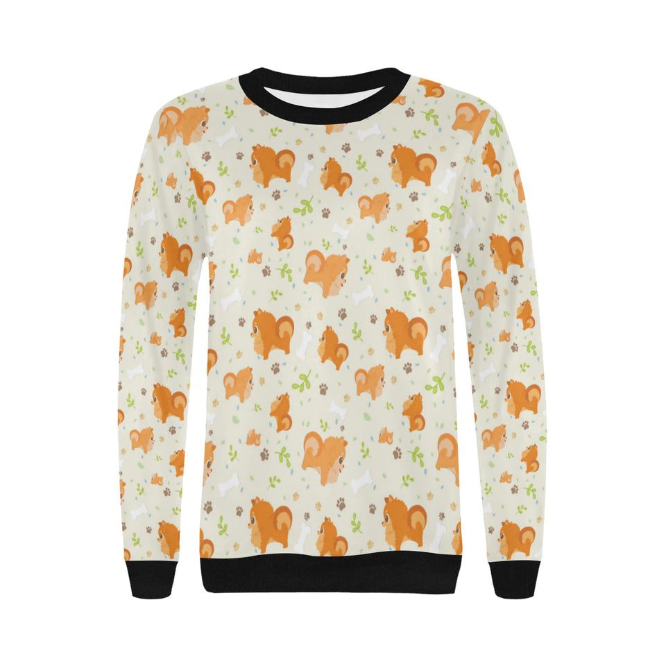 Cute brown pomeranian paw leave bone pattern Women's Crew Neck Sweatshirt