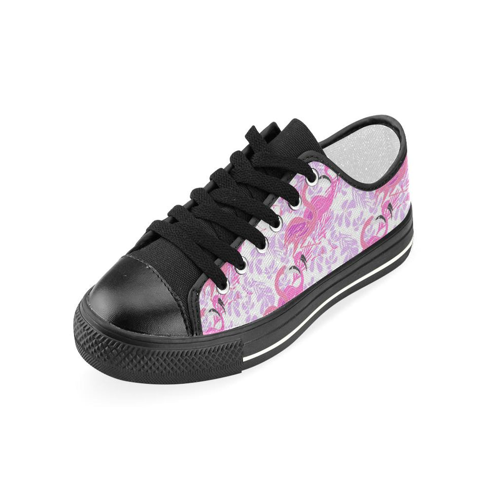 Pink flamingo flower pattern Kids' Boys' Girls' Low Top Canvas Shoes Black