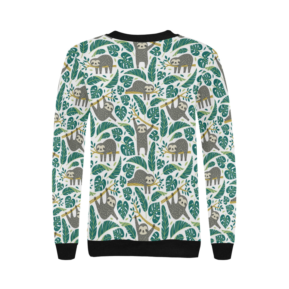 Cute sloths tropical palm leaves white background Women's Crew Neck Sweatshirt