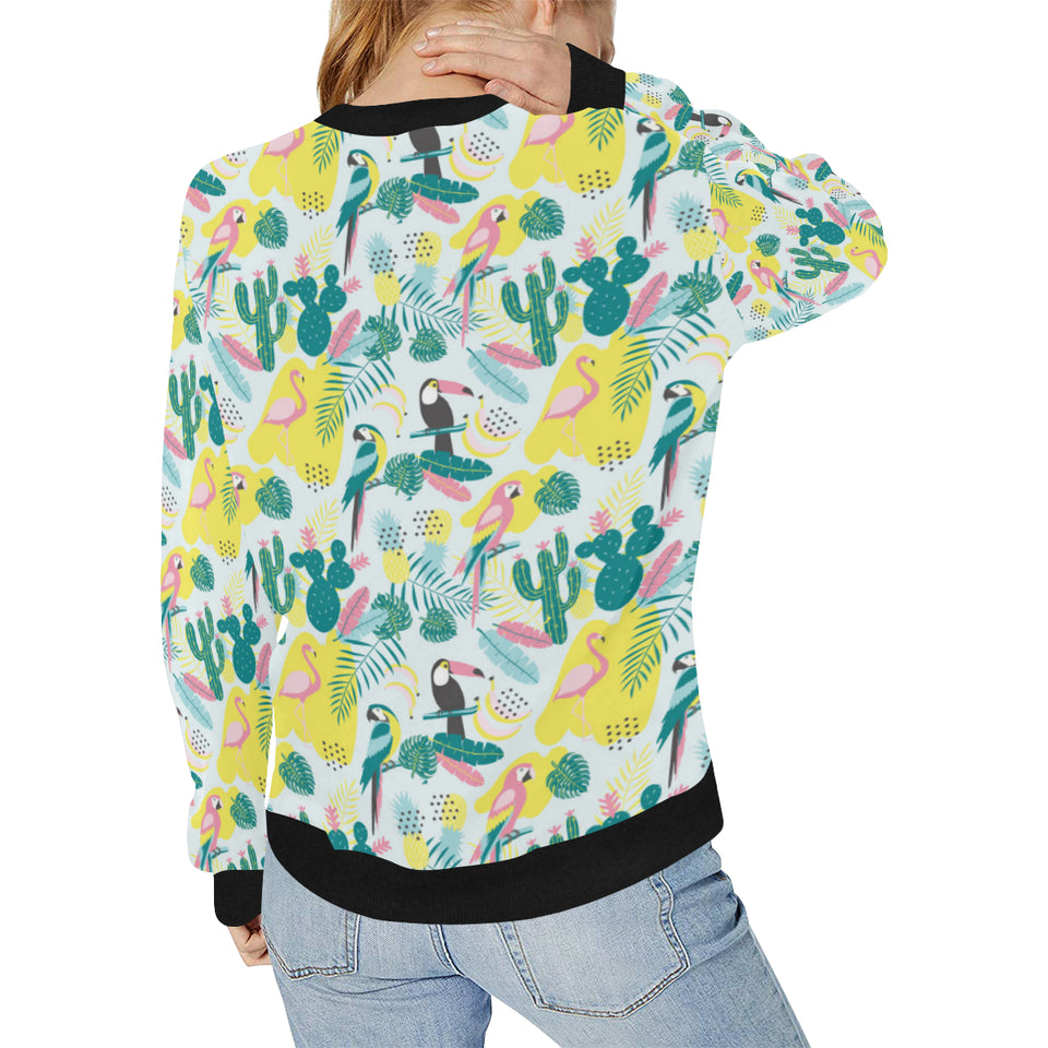 Cute parrot toucan flamingo cactus exotic leaves p Women's Crew Neck Sweatshirt