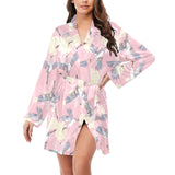 Japanese crane rose pattern Women's Long Sleeve Belted Night Robe