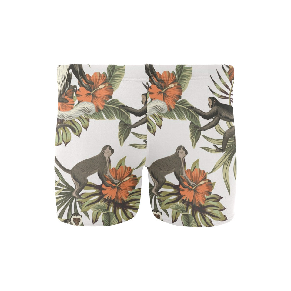 Monkey red hibiscus flower palm leaves floral patt Men's Swimming Trunks