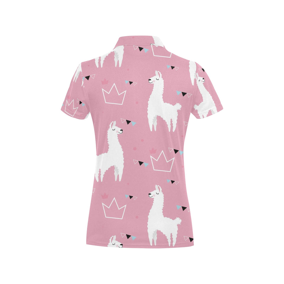 Llama Alpaca pink background Women's All Over Print Polo Shirt