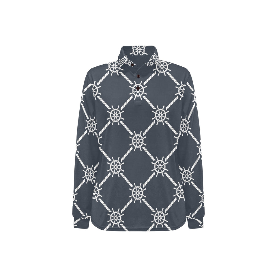 nautical steering wheel rope pattern Women's Long Sleeve Polo Shirt