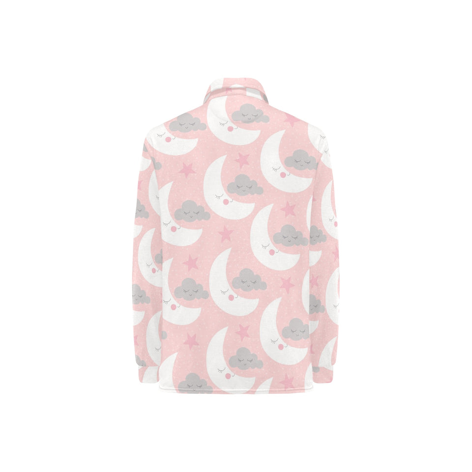 Cute moon cloud star pattern pink dot background Women's Long Sleeve Polo Shirt