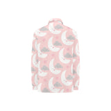 Cute moon cloud star pattern pink dot background Women's Long Sleeve Polo Shirt