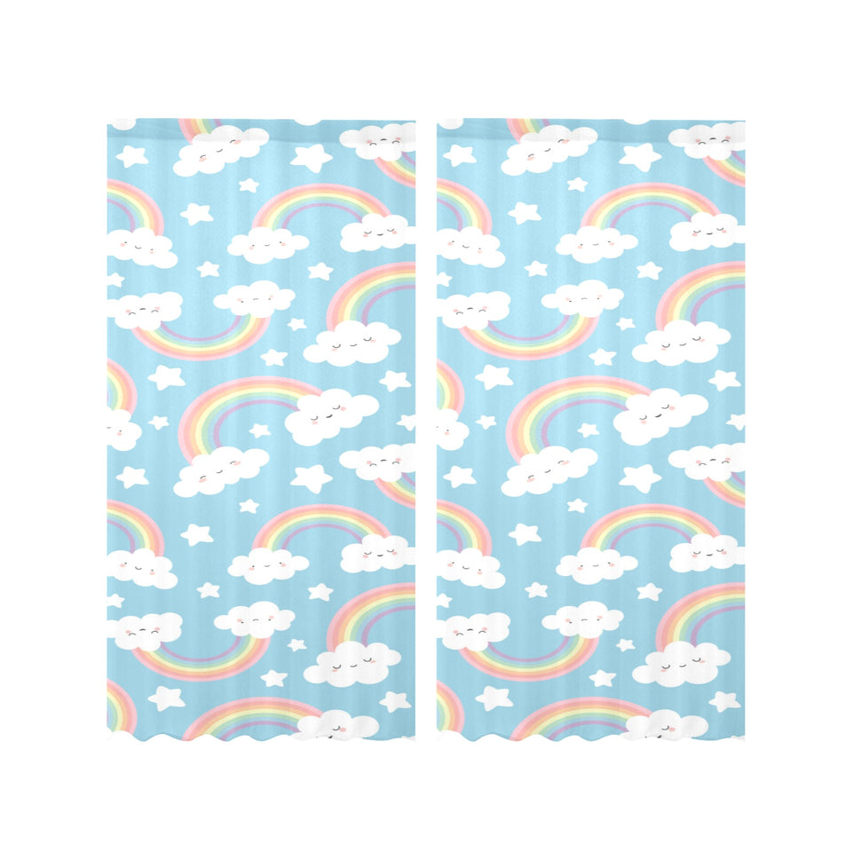 Cute rainbow clound star pattern blue background Gauze Curtain
