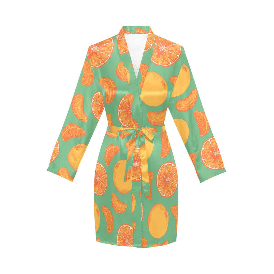 orange fruit pattern green background Women's Long Sleeve Belted Night Robe