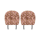 Pink sakura cherry blossom drak brown background Car Headrest Cover