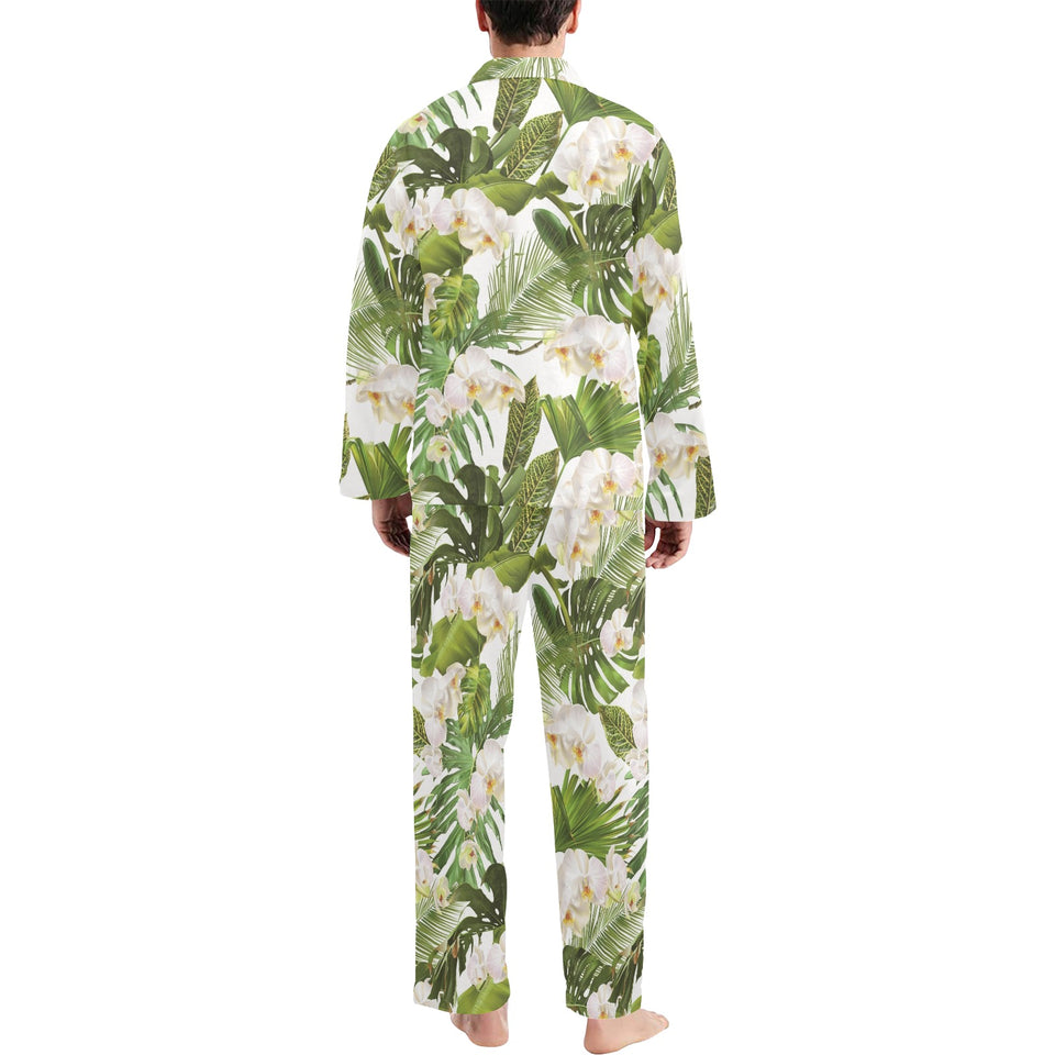White orchid flower tropical leaves pattern Men's Long Pajama Set
