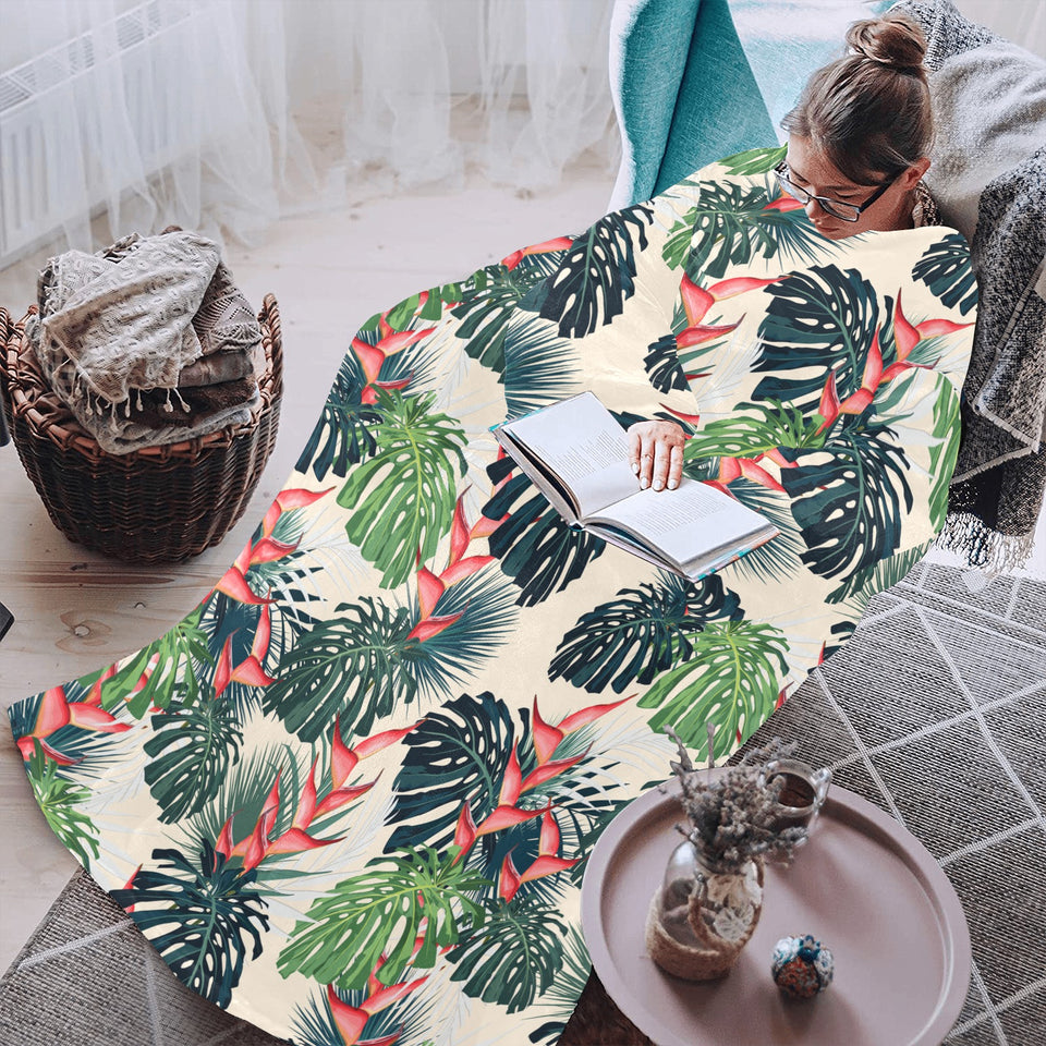 heliconia flowers, palm and monstera leaves Blanket Robe with Sleeves
