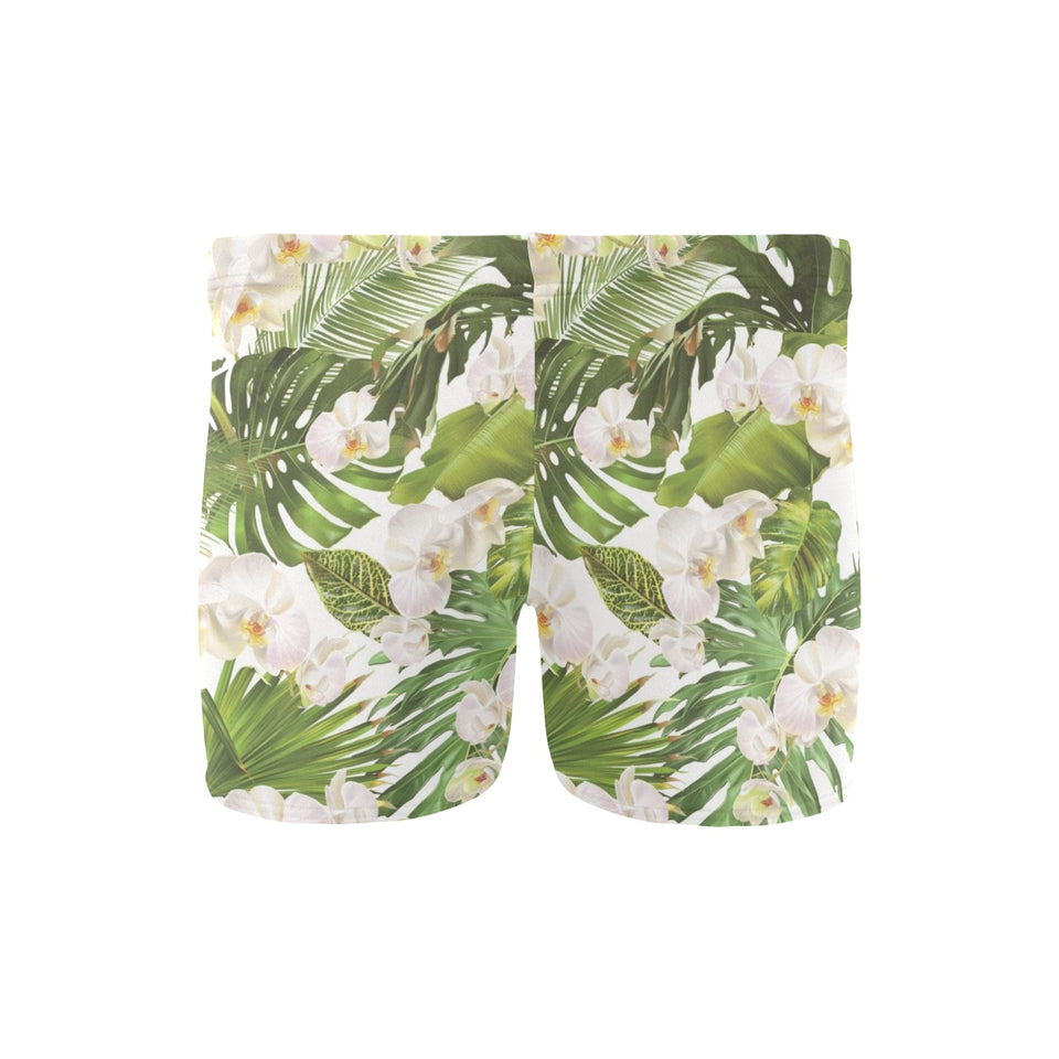 White orchid flower tropical leaves pattern Men's Swimming Trunks