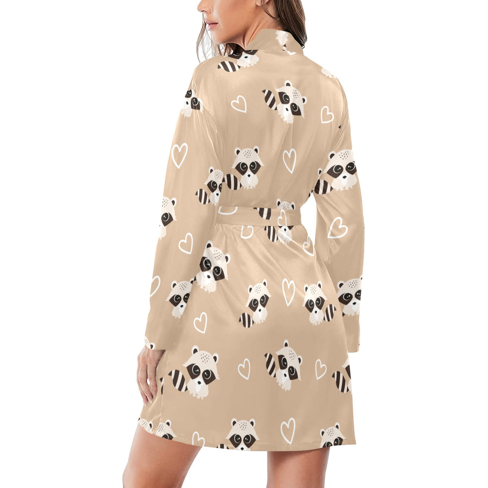Cute raccoon heart pattern Women's Long Sleeve Belted Night Robe