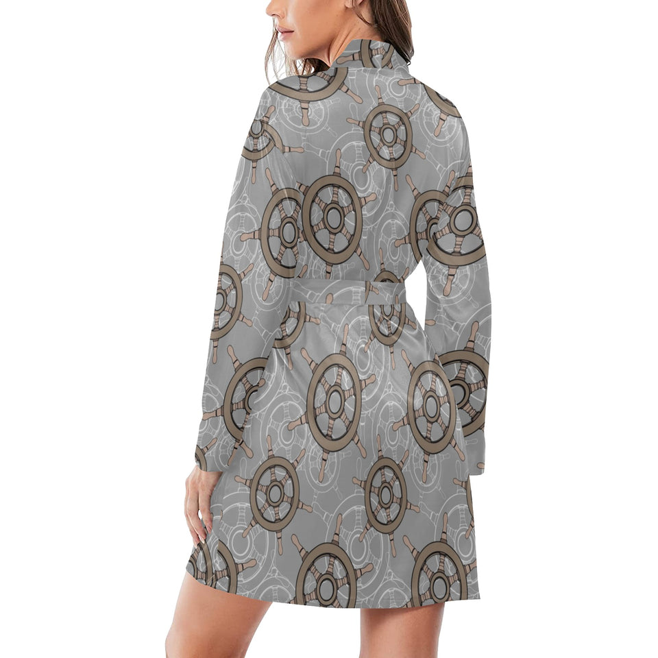 nautical wood steering wheel pattern Women's Long Sleeve Belted Night Robe