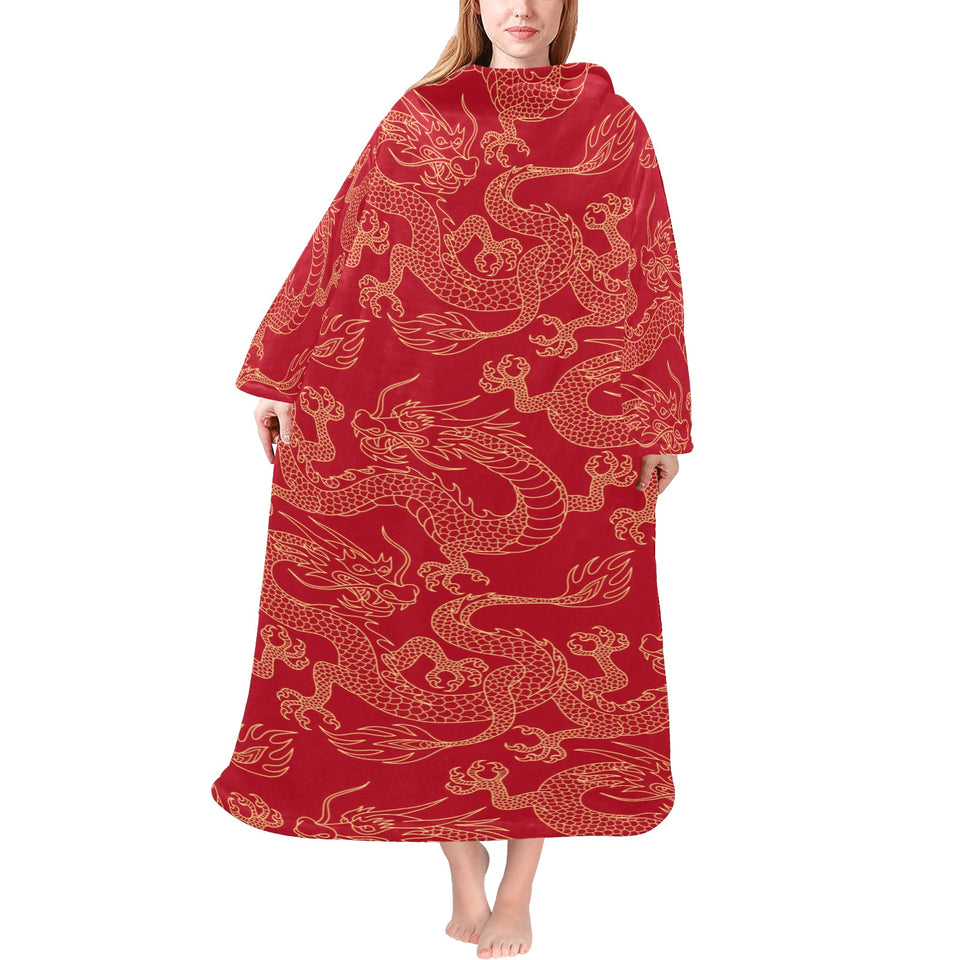 Gold dragons red background Blanket Robe with Sleeves