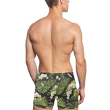 White orchid flower tropical leaves pattern blackg Men's Swimming Trunks