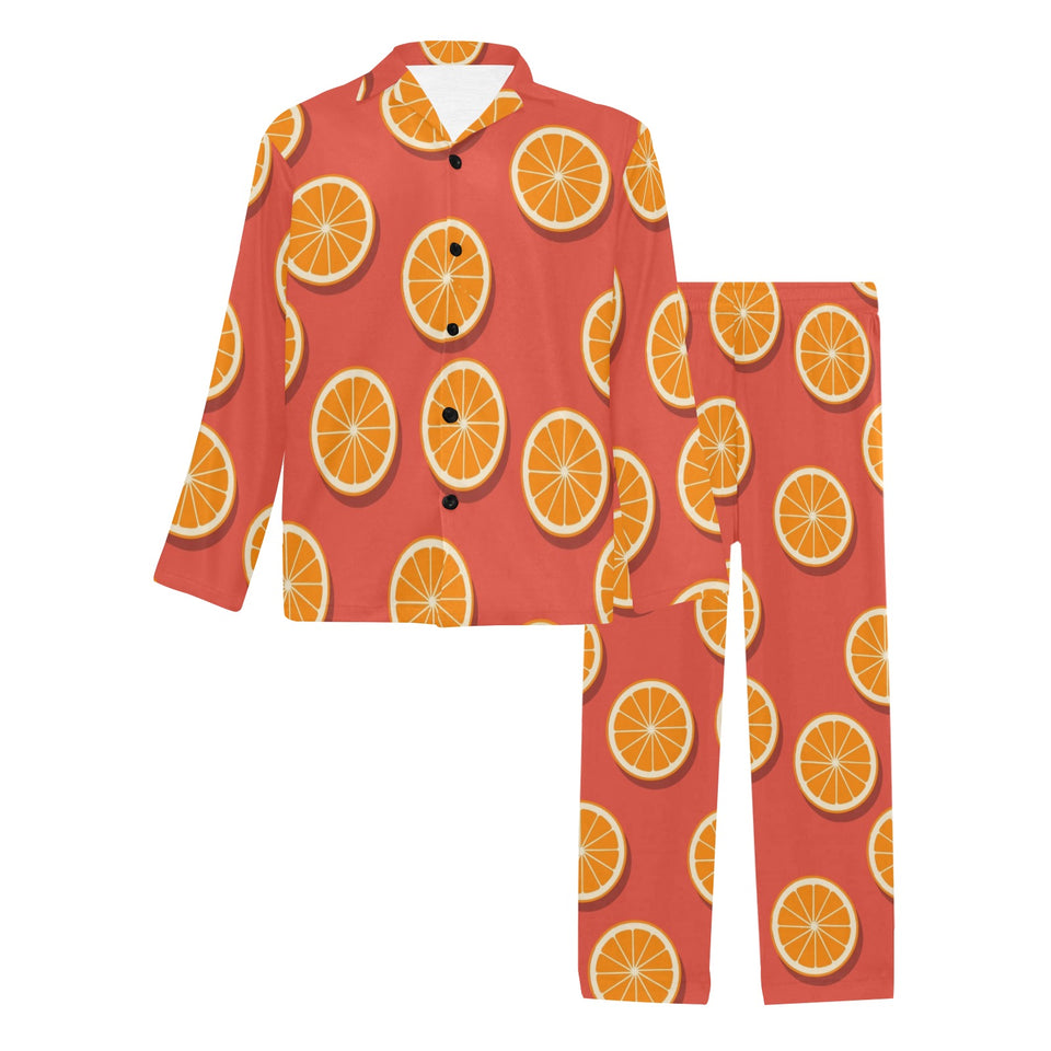 Oranges pattern red background Men's Long Pajama Set