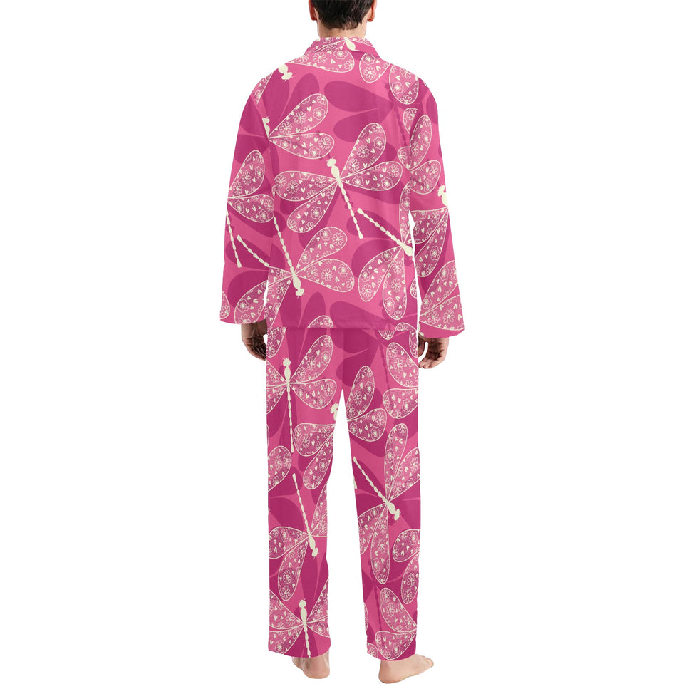 Beautiful dragonfly pink background Men's Long Pajama Set