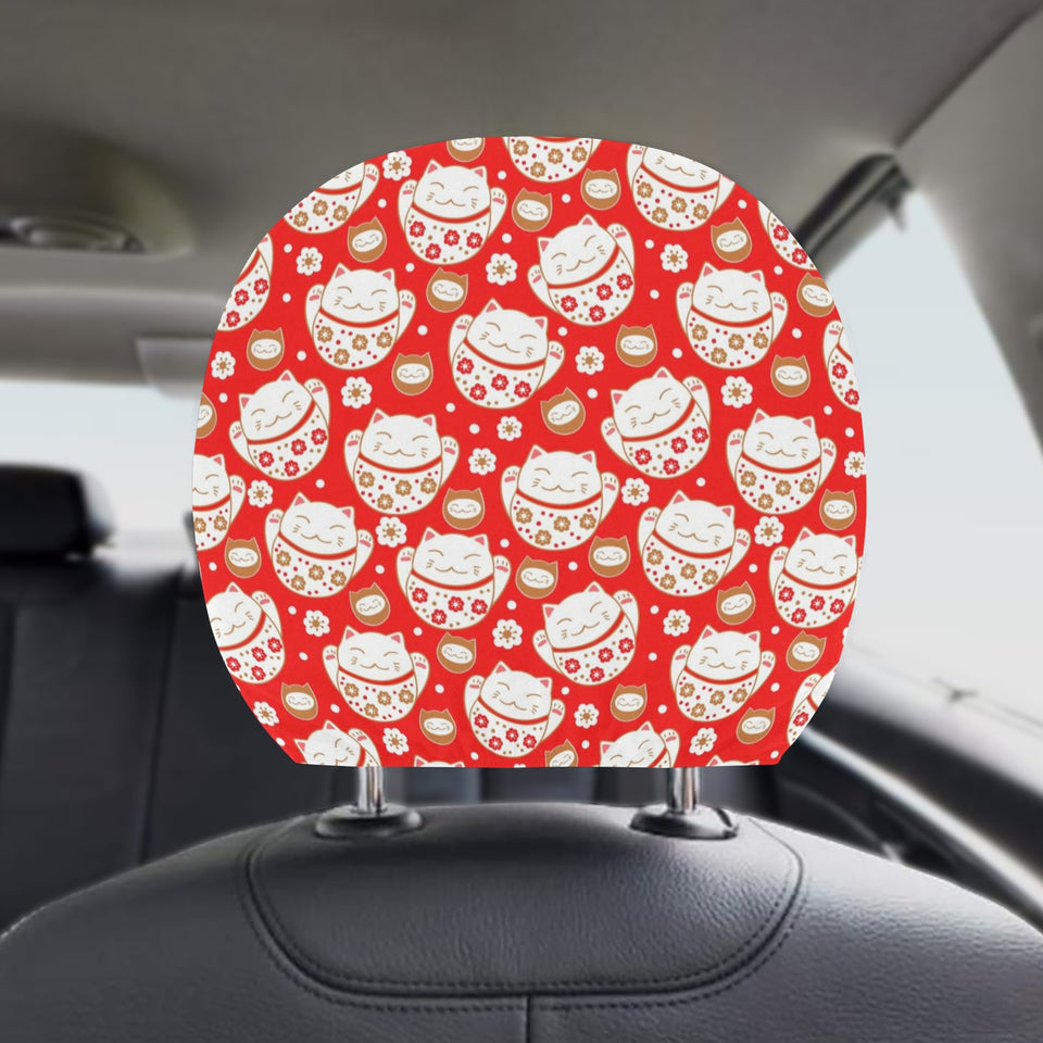 Cute Maneki neko cat red background Car Headrest Cover