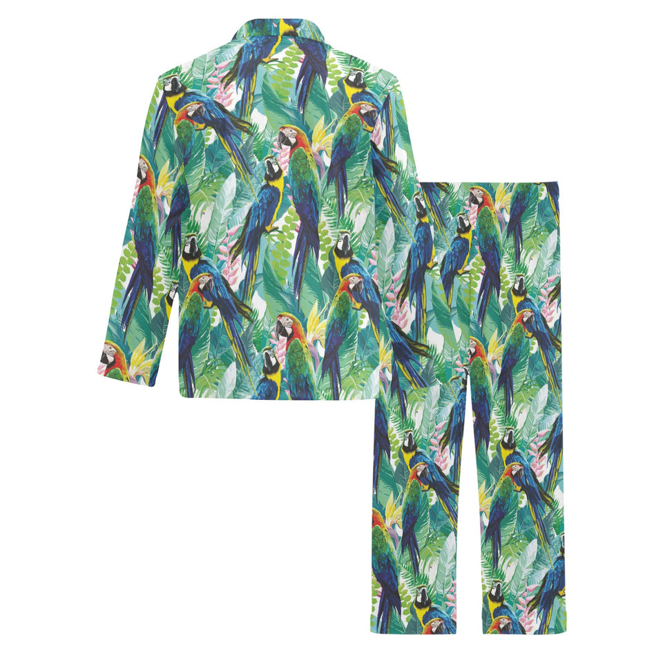 Colorful parrot exotic flower leaves Men's Long Pajama Set