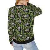 Cute sloths tropical palm leaves black background Women's Crew Neck Sweatshirt