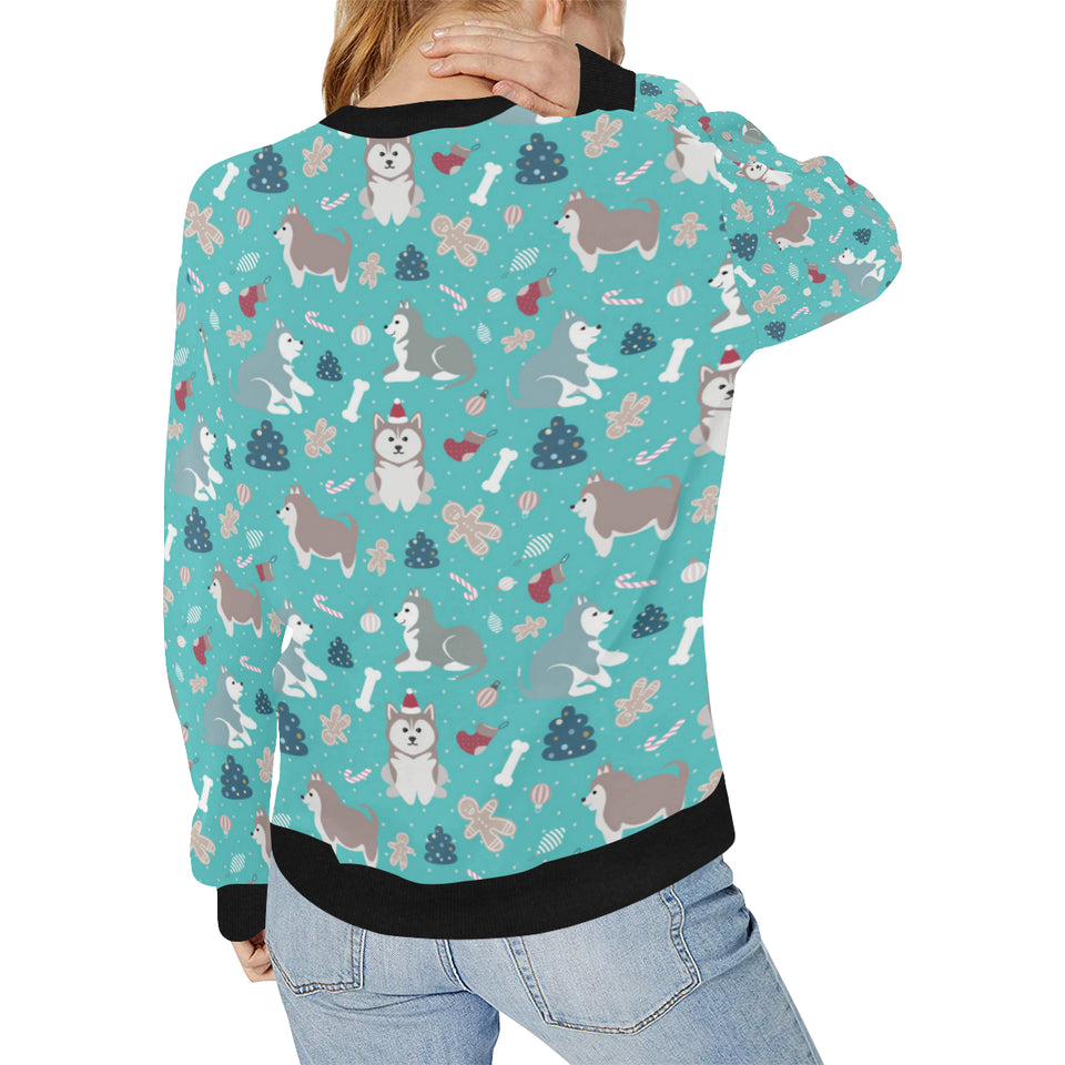 Christmas cute siberian husky puppie pattern Women's Crew Neck Sweatshirt