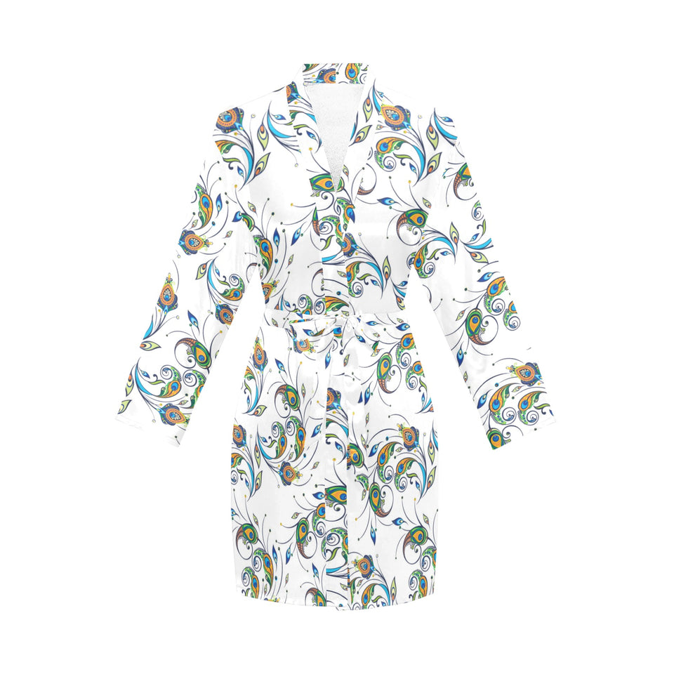 Peacock feather pattern Women's Long Sleeve Belted Night Robe