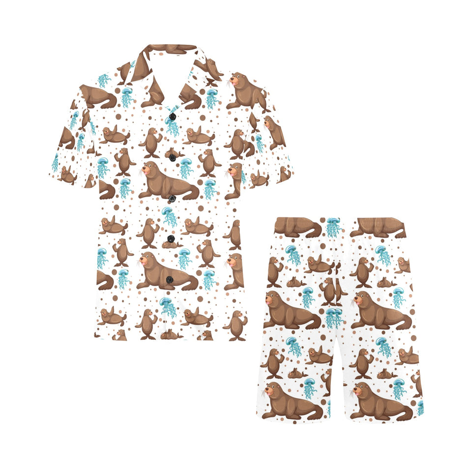 sea lion Seals jellyfish pattern Men's V-Neck Short Pajama Set
