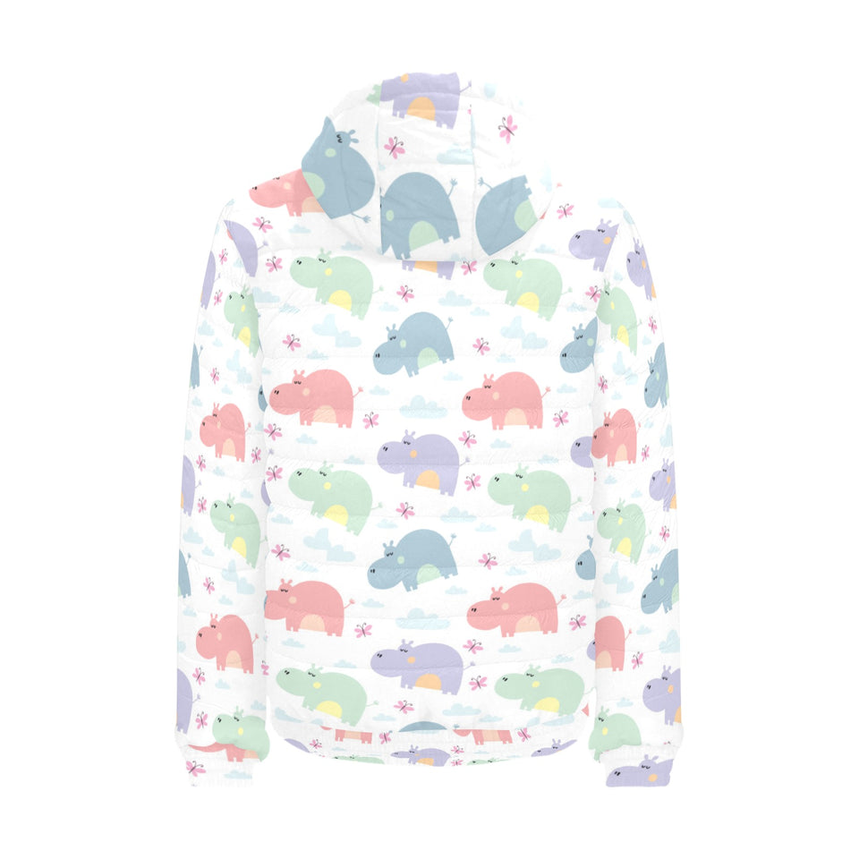 Hippopotamus Pattern Print Design 03 Men's Padded Hooded Jacket