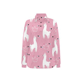 Llama Alpaca pink background Women's Long Sleeve Polo Shirt
