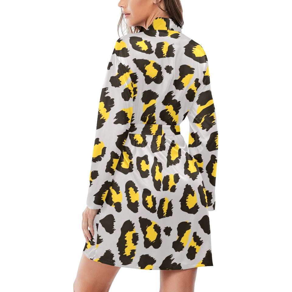 Gray Leopard print pattern Women's Long Sleeve Belted Night Robe