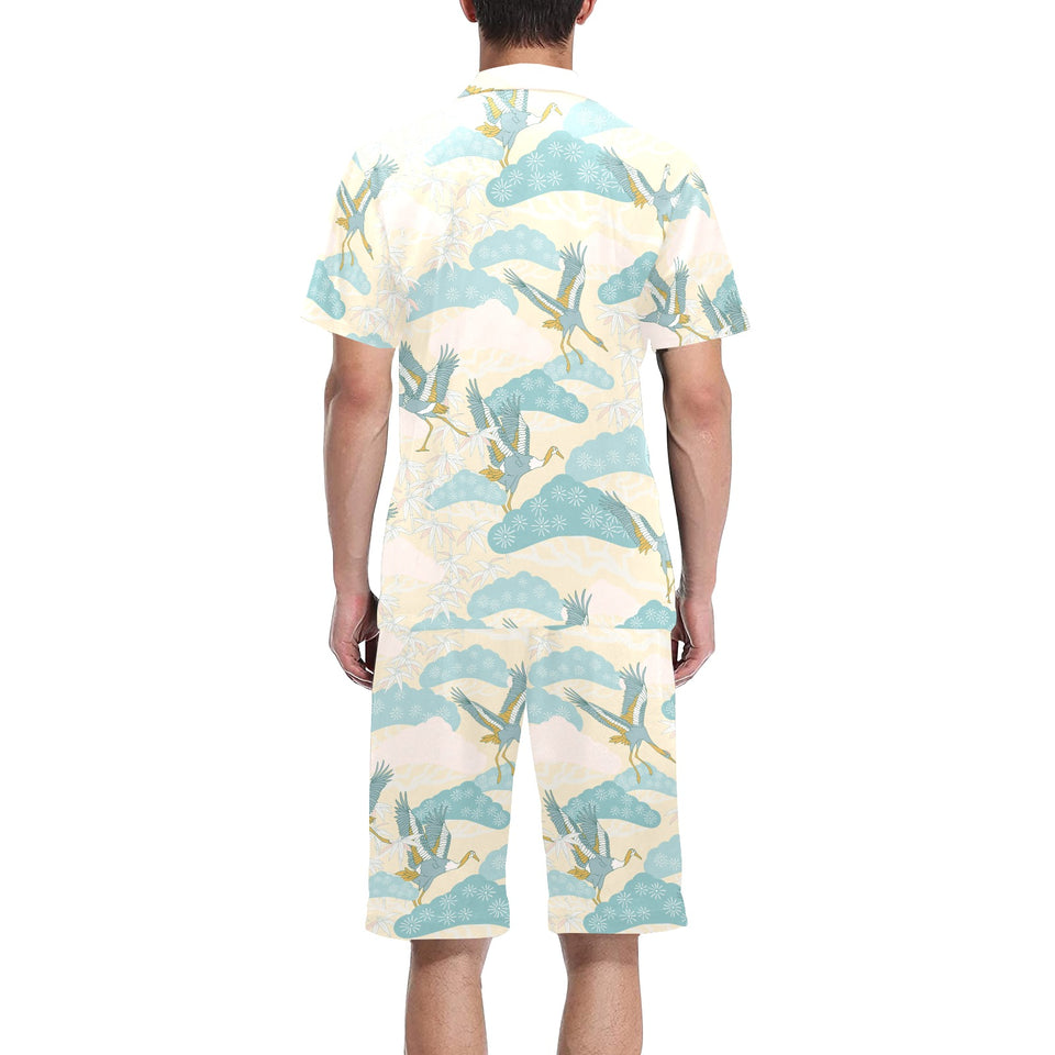 Bonsai bamboo stork japanese pattern cream theme Men's V-Neck Short Pajama Set