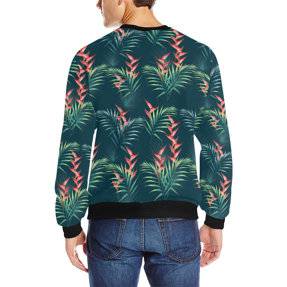 heliconia flowers, palm and monstera leaves on bla Men's Crew Neck Sweatshirt