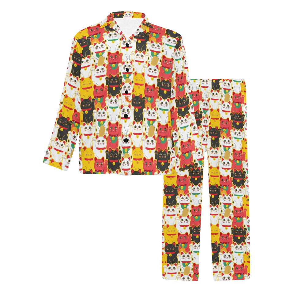 Colorful Maneki neko cat pattern Men's Long Pajama Set