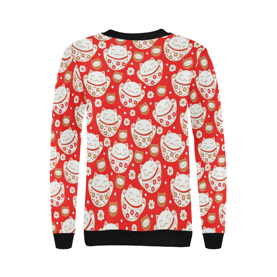 Cute Maneki neko cat red background Women's Crew Neck Sweatshirt