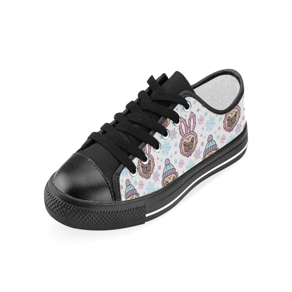 Cute pug hat rabbit costume pattern Kids' Boys' Girls' Low Top Canvas Shoes Black