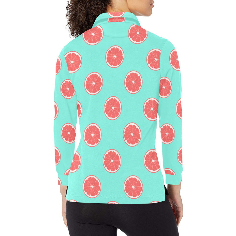 Grapefruit green background Women's Long Sleeve Polo Shirt